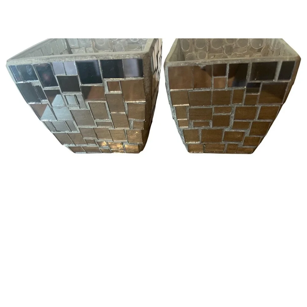 Mirrored Mosaic Candle Holders Vase Planter Set Silver Glam‎ Chic Decor Vintage